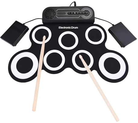AOWINHIT Set di Batteria Elettronica con Altoparlante Set di Batteria a Mano 7 Pad Supporta Vari Ingressi Audio Kit di Batteria con Pad in Silicone con Bacchette Pedale (Versione in bianco e nero)