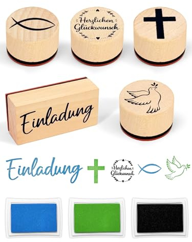 8-teiliges Stempelset für Einladung Firmung Konfirmation Taufe & Kommunion, 5 Holzstempel mit 3 Stempelkissen für Einladungskarten Scrapbooking & Geschenke zur Firmung Konfirmation Taufe Kommunion