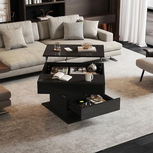 BTM Table Basse géométrique 70 x 70 x 45 cm, Plateau pivotant à 360°, relevable avec 1 tiroir, de Salon laquée Brillante avec Rangement dissimulé, Console, d'appoint, Noire