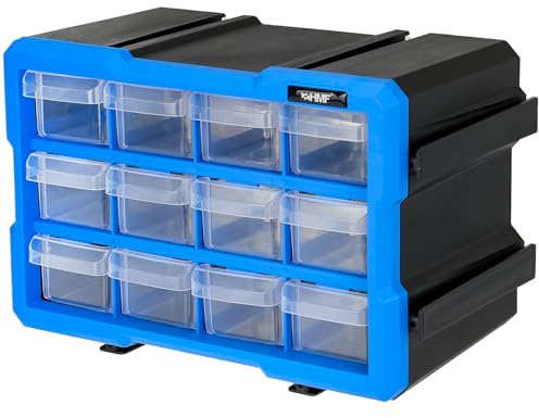 HMF Sortierbox für Kleinteile mit 12 Schubladen, erweiterbarer Sortimentskasten für Schrauben und Werkzeug | 24 Fächer | 29,5 x 19,5 x 16 cm | Blau-Schwarz