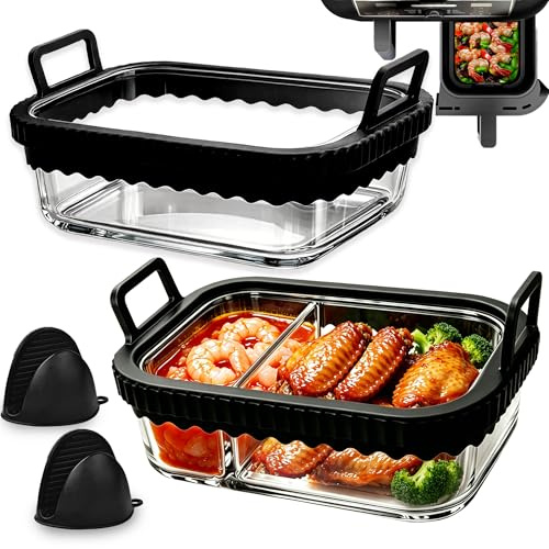 2er-Set Glas-Auflaufform Airfryer für NINJA Heißluftfritteuse BPA-Frei | Abnehmbarem Silikonring Airfryer Zubehör Glasbehälter für NINJA Double Stack Xl AF400EU/AF451EU/AF500EU/DZ400EU,COSORI