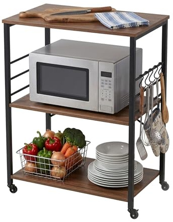Relaxdays Küchenrollwagen, 3 Ablagen, 6 S-Haken, HxBxT: 89x60x40 cm, MDF & Stahl, Industrial Servierwagen, braun/schwarz