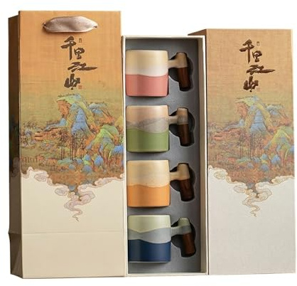 2.9 oz ceramic espresso shot cups Set of 4, Small Coffee Mug with Wood Handle, Small Gradient demitasse espresso cups, Ceramic Tea Mug Gift Box Packaging (Straight Handle) (Straight Handle)