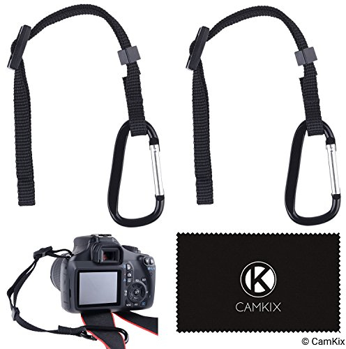 2x Camera Tether with Carabiner - Double Secure your DSLR or Compact Camera - First Attach to Camera Eyelet - Then Hook Up to Camera Strap, Tripod, Monopod, etc. - Offers Extra Protection Black