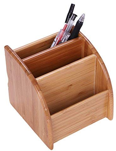 LONTG Remote Control Holder Stand Bamboo Desktop Storage Box Caddy Tidy Desktop Organiser Desk Pen Pot Holder with 4 Compartments for TV Remotes Makeup Brushes Pencils Smartphone and More Small Items