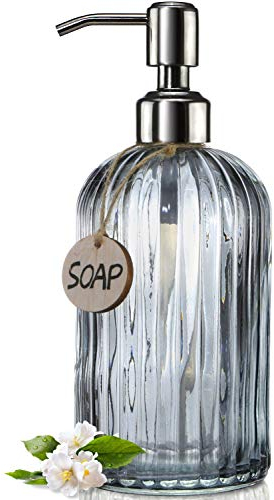 JASAI 510 ml vertikale Streifen Küche Seifenspender mit 304 Rostfreier Edelstahlpumpe, nachfüllbarer Flüssigseifenspender für Badezimmer, Küche, Handseife, Geschirrseife (Klar Grau)