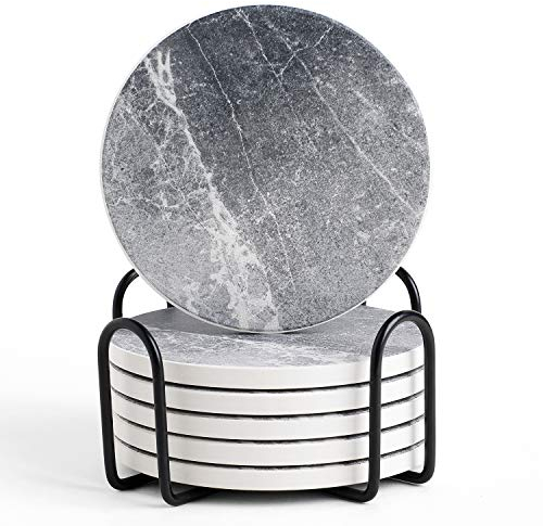 LIFVER Untersetzer Gläser, Keramik Untersetzer mit Korkboden und Halter, Absorbierender Glasuntersetzer für Bars, Cafés, Haus, Party, Büro, Geschencke für Mama Papa Freund, Grau