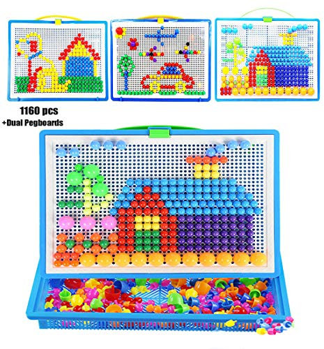 Moonlove 1000pcs Dual Pegboards Jigsaw Puzzle Mix Colour Mushroom for 2 Kids Play Educational Construction Creative DIY Mosaic Toys Birthday for Kids Age Over 3 Years Old