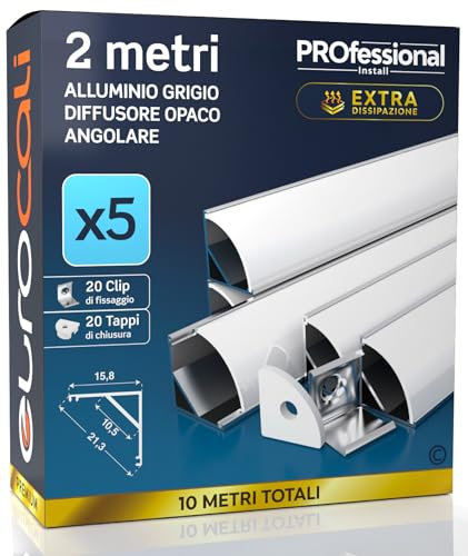 5x Profili Angolari da 2 metri (10mt) in Alluminio grigio per Strisce LED Schermatura Opaca ingombro max striscia led 10.5mm - 15.8 x 15.8