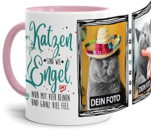 Tasse mit Spruch - Katzen sind wie Engel - zum Selbst gestalten mit zwei Fotos - Geschenkidee für Katzenliebhaber, Innen & Henkel Rosa, 300 ml