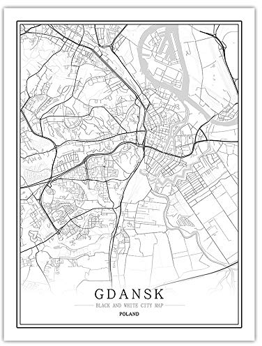 SONG Leinwand Bild, Danzig Polen Stadtplan Gemälde Schwarz Weiß Einfache Kunst Wandplakat Rahmen Weniger Bild, Moderne Vertikale Malerei Cafe Office Home Decor,50 * 70cm