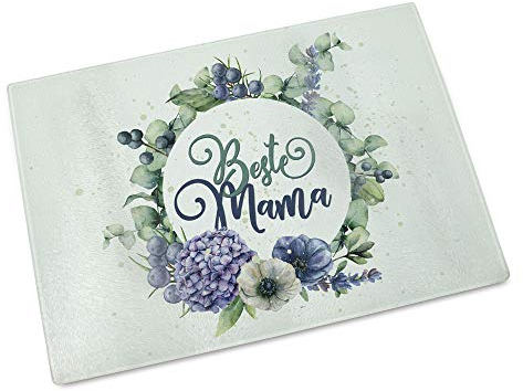 GRAZDesign Schneidebrett Beste Mama mit Blumen, Glasbrett für Küche, Frühstücksbrettchen, Muttertagsgeschenk, Geschenk für Mama zum Muttertag, Weihnachten, Geburtstag, Glas 28x20cm