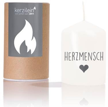 kerzilein Flämmchen HERZMENSCH weiß/anthrazit, klein 8 x 6 cm, Spruchkerze handveredelt, Geschenkidee für Freundin