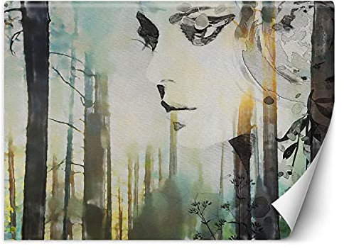 Feeby Vlies Fototapete Uv Gel Druck Weibliches Gesicht Wald Pflanzen 450x315 cm Grün Schlafzimmer Wohnzimmer Büro Hotel Flur Natur Aquarell Abstrakt