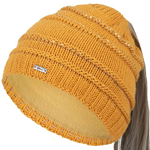Faera Damen Wintermütze Zopfmütze Zopfloch Loch Zopf Beanie Mütze Strickmütze 72, Farbe:Senf