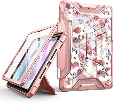 SURITCH Hülle für iPad 10,2 Hülle (iPad 9./8./7.Generation) [Eingebaute Displayschutzfolie] [Stiftehalter] Stoßfeste, robuste Schutzhülle und sturzsicherer Ständer für iPad 10,2 Zoll–Roségold Marmor