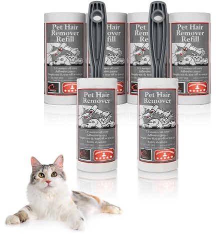 CARASELLE Pet Hair Remover Roller packed with Refills - 7.5 metres of Super Adhesive sheets - Picks up Lint, Hair & Debris! Multi-Purpose Dog Cat Hair Lint Roller (pack of 2 rollers + 4 refills)
