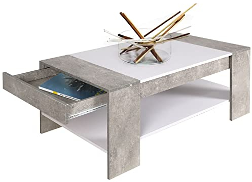 BAKAJI Tavolino Divano Tavolo Caffè da Salotto Rettangolare Design Moderno in Legno MDF con Ripiano Inferiore e Cassetto a Scomparsa Dimensione 100 x 58 x 44 cm Colore Grigio Effetto Cemento