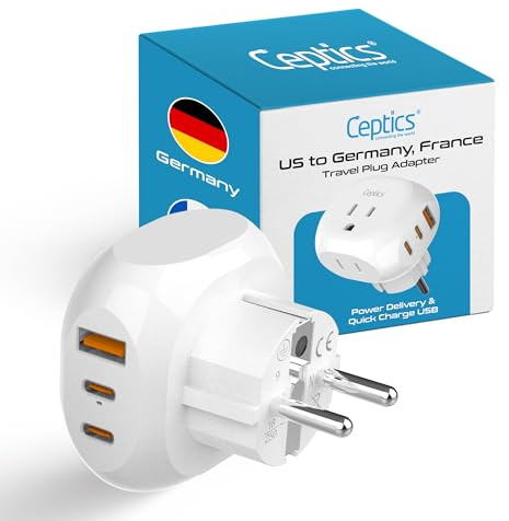 Ceptics European Schuko Travel Adapter - 5 Input with 20W PD-QC 3.1A Dual USB-C and USB - Ultra Compact - Light Weight - USA to Type E/F Countries Such as Germany, France and More (PTU-9), White