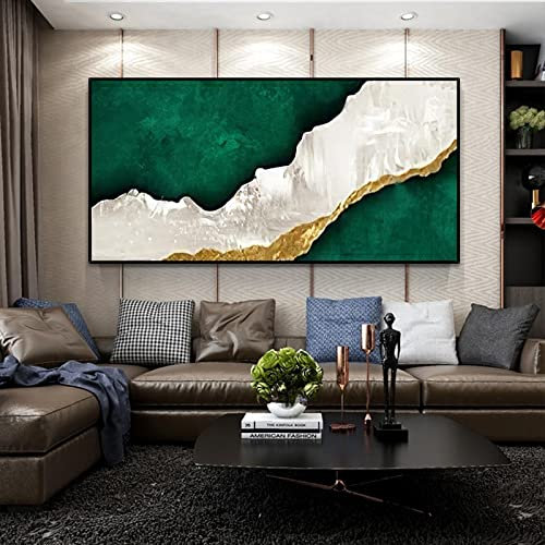 ZHMANLUCK Horizontale Version Wohnzimmer Dekorative Große Abstrakte Leinwand Wandkunst Ölgemälde Grünes Gold Leinwand Gemälde Modern 39x86cm(15x34in) Mit Rahmen