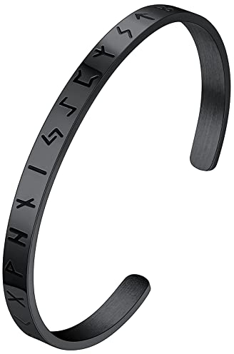 FaithHeart Schwarz Rune Armreif für Herren Jungen Punk Gotik Wikinger Armband Offener Rune Armband mit Geschenkebox für Männer Frauen