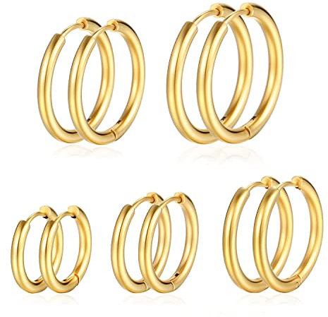 PICKBEAU Gold Hoop Earrings Set for Women, 14K Golden Plated Hypoallergenic Thin Small Gold Earrings Set Cartilage Helix Huggie Hoop Pack for Women Men Different Size, Stainless Steel, No Gemstone
