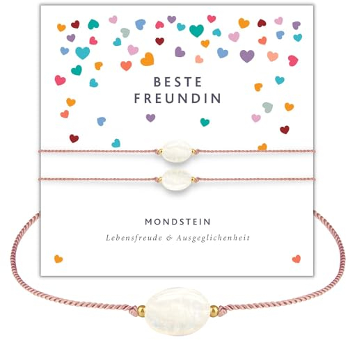 happymaker - Mondstein Armband Damen, handgefertigt in Deutschland, Edelstein Armband mit Goldperlen und exklusiver Geschenkverpackung, Freundschaftsarmbänder Set für die beste Freundin
