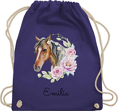 Turnbeutel Rucksack - Pferd Pferde - Wunschname Pferdekopf Name I Pferdemotiv I Geschenk Pferdemädchen - Unisize - Lila - beutel für kindergarten pferderucksäcke pferden horse sportbeutel
