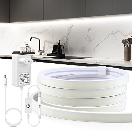 CHNMALITAI 24V Dimmbar Neon LED Streifen Weiss, 5m 1600LEDs 6500K Wasserdicht LED Strip für Unterbauleuchte Küche (Weißes Licht