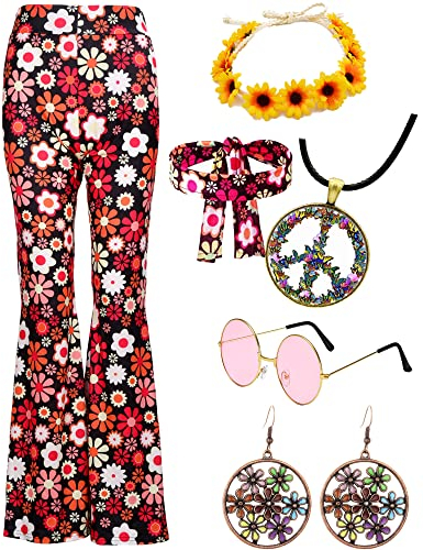 Hippie Kostüm Damen Set Hippie Schlaghose Bunt Hippie Peace Kette Brille Stirnband 60er 70er Jahre Mode Outfit Party Boho Hippie kleidung Damen Hosen Flower Power 70er Jahre Bekleidung Frau (M)