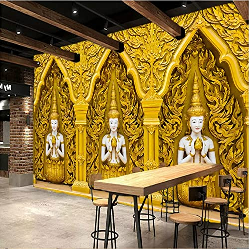 TANYANG 3D Geprägt Golden Buddha Statue Religiöse Wandmalerei Tapete Thai Küche Restaurant Industrial Decor Hintergrund Tapete 3D 430Cm(W)×300Cm(H)