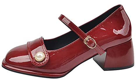 OALEEN Mary Jane Chaussures Femme Vintage Talon Carré Vernis Escarpin Bride Cheville Soirée Bordeaux