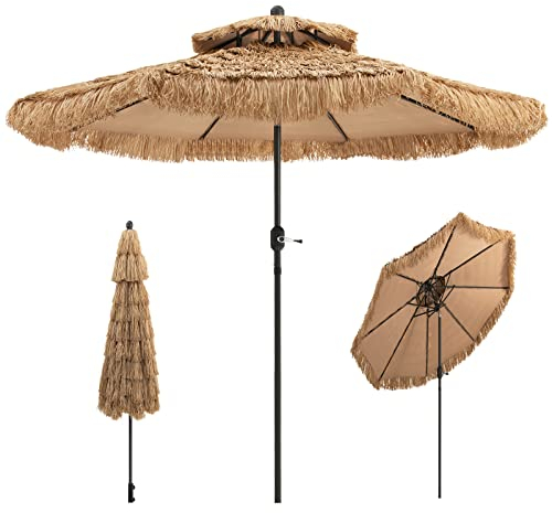 KOMFOTTEU Sombrilla Hawaiana de 2,7m, Sombrilla de Paja, Sombrilla de Rafia Plegable, Sombrilla de Playa con Doble Techo, Sombrilla de Mercado para Jardín, Balcón, Playa, sin Base