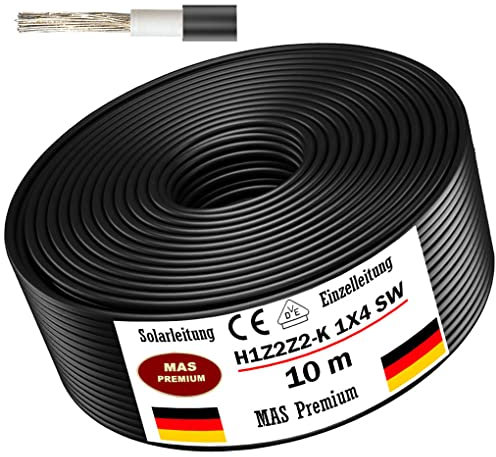 Solarleitung H1Z2Z2-K 4, 6, oder 10 mm² Von 5 bis 200m Solarkabel Schwarz, Rot oder Blau Erdverlegbare Einzelleitung Photovoltaik Halogenfrei Doppelt isoliert (H1Z2Z2-K 4, Schwarz, 10m)