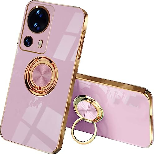 BORYA Ultra Dünn Hülle für Xiaomi 13 Lite 5G, Stoßfest Handyhülle, TPU Bumper Weiches Silikon Schutzhülle mit Galvanisieren Goldkante 360°Ring Ständer, Violett