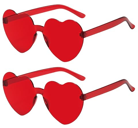 Meleager Randlose Herz Brille, Herzförmige Sonnenbrille Rot, 2 Stück Sonnenbrillen Set Party, Vintage Herzform Brille, Hippie Brille Herz 90er, für Party, Hochzeit, Karneval, Halloween