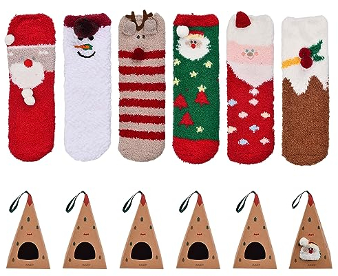 Jinlaili 6 Paar Weihnachtssocken Damen mit Geschenkbox, 35-39 Lustige Kuschelsocken Damen Flauschig, Plüschsocken Damen, Süße Wintersocken Frauen, Weihnachtsgeschenke für Damen