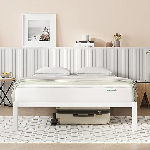 Novilla Bettgestell 140 x 200 cm, Bettrahmen mit Lattenrost, Bettgestelle aus Metall mit Lattenrost, Doppelbettgestell, Stauraum unter dem Bett, Einfach Montage, Weiß