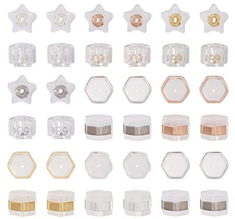 PandaHall 64 tuercas de silicona transparentes para pendientes, parte trasera de seguridad, estrella hexagonal, tapones de goma para aretes, joyería