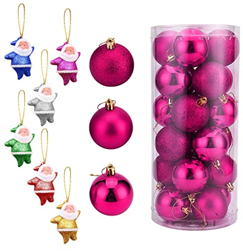 Kunststoff Weihnachtskugeln Set mit Aufhängen 24 x Weihnachtskugeln, Party-Weihnachtsbaumschmuck, hängende Verzierung + 6 x Weihnachtsmann Baumschmuck Weihnachten Weihnachtskugeln (Hot Pink, One Size)
