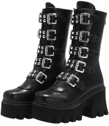 NMMAX Womens Gothic Wedge Platform Chunky High Heel Zipper Punk Girls Boots Buckle INS Mid-calf Motorcycle Ankle Riding Combat Shoes,Black,UK 9