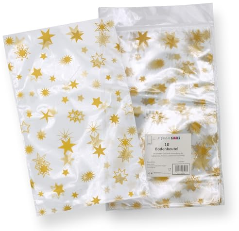 Geschenk Bodenbeutel Kekstüte Weihnachten 10 Stück Folienbeutel CPP aus lebensmittelechter Folie, ca. 14,5 x 23 cm, transparent durchsichtig (Motiv Sterne)