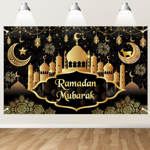 Bluelves Ramadan Banner Dekoration,Schwarzes Gold Ramadan Mubarak Hintergrund Banner,Extra Große Ramadan Kareem Banner Eid Mubarak Hintergrund für Ramadan Deko Muslim Islamische Party