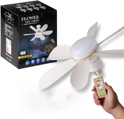 Umikk Ventilatore da soffitto a LED con illuminazione e telecomando, ventilatore da soffitto rimovibile, 3 modalità con lampada, piccolo ventilatore da soffitto (40 W bianco (con telecomando)
