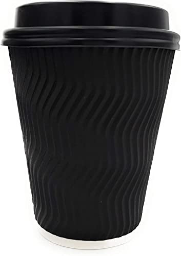 Sterling bargains 50 Pack Takeaway Coffee Cups with Lids | Disposable Insulated Triple Wall Ripple Kraft Paper Coffee Cups for Takeaway Coffee, Tea or hot Liquids | Pack of 50 (12 Oz.), Black