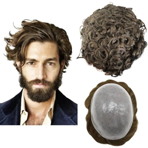 Toupet für Männer, Echthaar Perücken, Herren Toupet mit weichem PU-Haar, 10mm gewellte Herrenperücke Toupet Haar,10 x 8 (#4 Hellbraun)