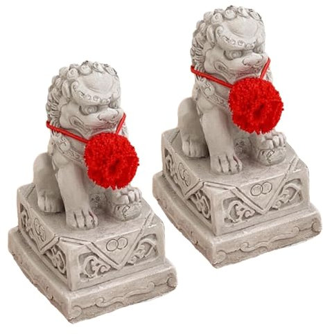 Fenteer 2X Fu-Hunde-Statue, asiatische Löwenstatuen aus Stein, Heimdekoration, Miniaturfiguren, chinesische Feng Shui-Dekoration für Tisch, Kamin, Schrank