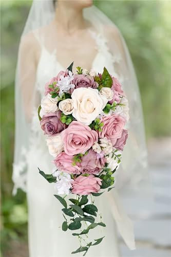 ZDRGE-AF 21,6 cm Hochzeitssträuße für Braut, staubiges Rosa, Wasserfall, künstliche Champagnerrosen, Brautsträuße für Zeremonie, Jahrestag, Party, Heimdekoration