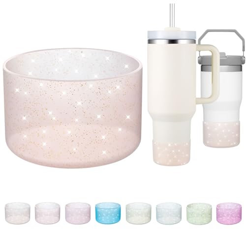 Onlymory Silicone Boot for 30 40 OZ Stanley Cup Accessories, Glitter Boots for Stanley 20OZ 30OZ Tumbler Ice-Flow 16OZ Bottle, Anti-Slip Bling Protector Bottom Cover Sleeve, Clear Rose Quartz Gold