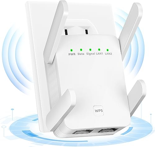 WLAN Verstärker 1200Mbit/s Dualband,WLAN Repeater 2.4GHz & 5.8GHz, WiFi Extender Booster mit WPS, WiFi Internet Verstärker mit externen 4 * 2dBi Dual-Band-Antennen bis zu 3000qm (Weiß)